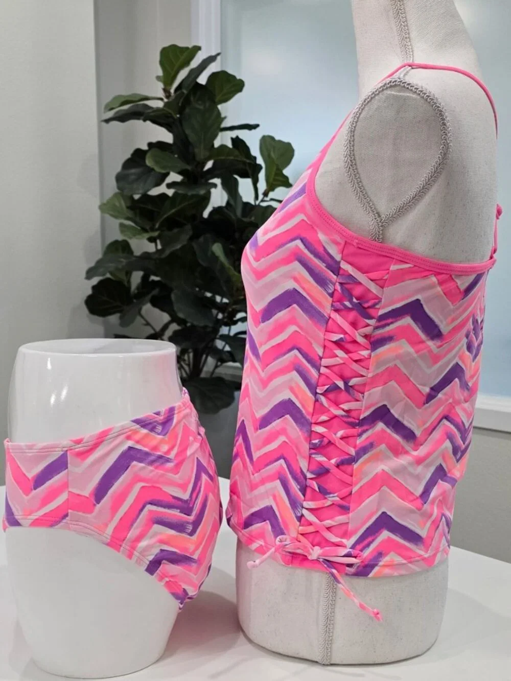 Justice ✦ Girls Tankini Top Bikini Bottom Set ✦ Pink Purple Chevron Size 20